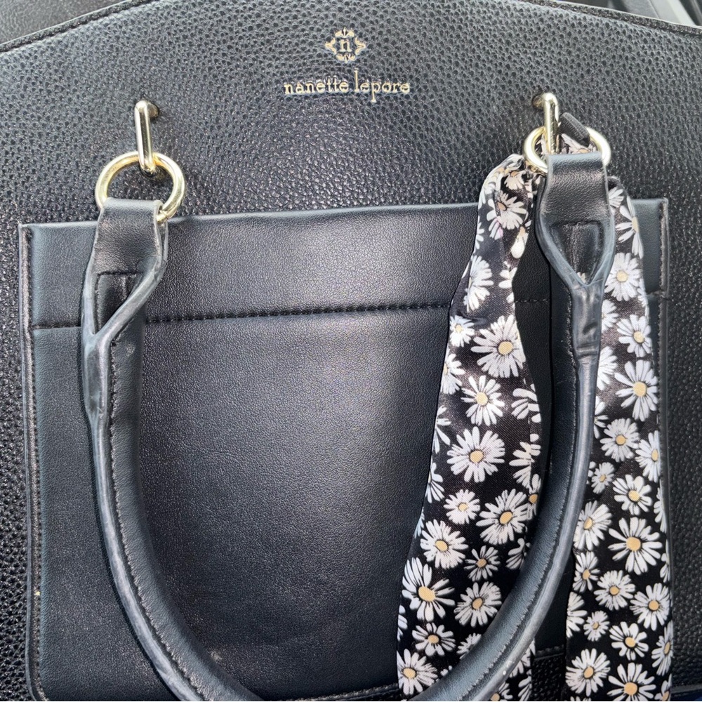 Nanette Lepore Black Leather Tote with Daisy Scarf
